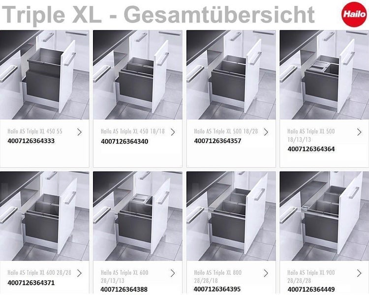 Übersicht verschiedener Hailo AS Triple XL Mülltrennsysteme für Küchenunterschränke in verschiedenen Größen und Einteilungen mit Hailo Logo.
