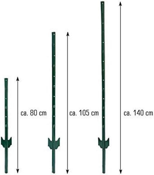 Drei grüne T-Pfosten für Zäune in den Höhen circa 80 Zentimeter, circa 105 Zentimeter und circa 140 Zentimeter.