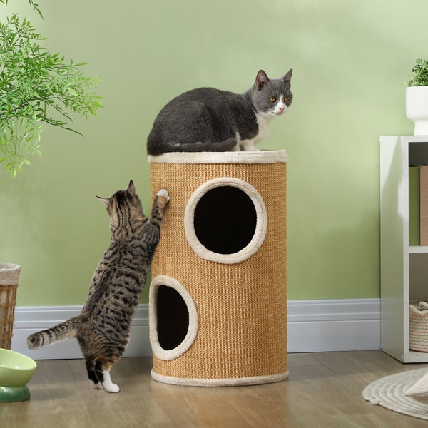 PawHut Kratztonne, 60 cm Hoch Katzentonne mit 2 Höhle, Kratzbaum, Katzenturm aus Sisal, für Katze bis 5 kg, Braun