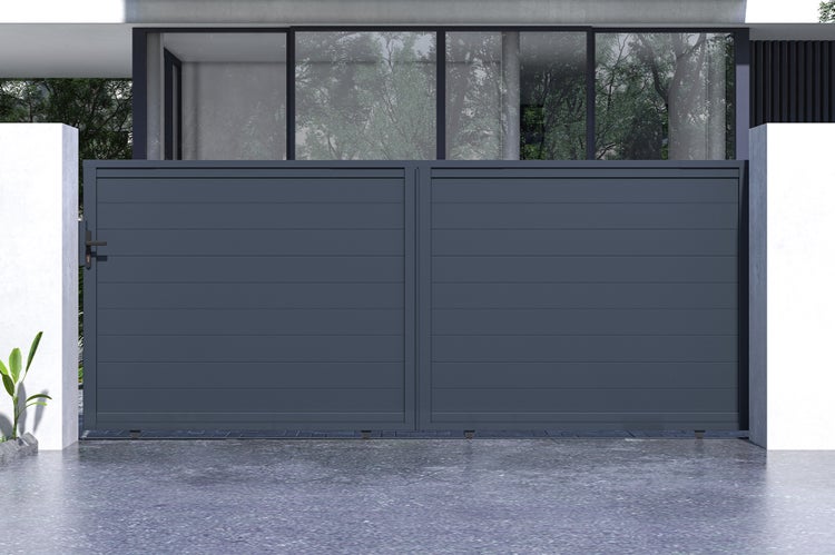 Schiebetor 4m EIGER H.160cm graues Aluminium + 2 Pfosten 20x20cm H.190cm