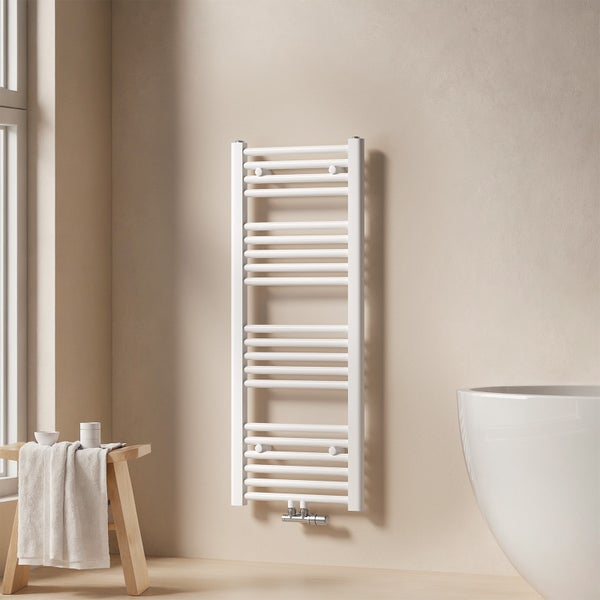 EMKE Badheizkörper Handtuchheizkörper 100x40 cm, Wasserbetrieb, Mittelanschluss, 356W, Rundrohr-Design, Weiß, für Badezimmer