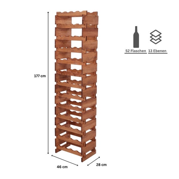 Weinregal VINOTECA FLEX PRO HxBxT 177x46x28cm 52 Flaschen auf 13 Ebenen Massives Kiefernholz Braun geölt