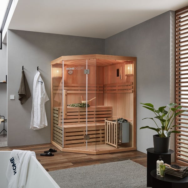 Home Deluxe - Traditionelle Sauna - SKYLINE XL - 150 x 150 x 200 cm - für 2 - 3 Personen, Hemlocktanne, inkl. Saunaofen, Saunazubehör I Dampfsauna Aufgusssauna Finnische Sauna Bio Sauna