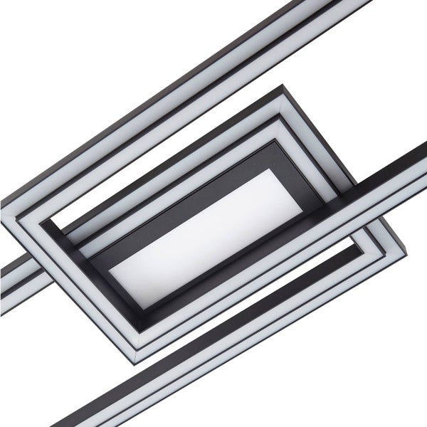 Detailansicht einer quadratischen LED-Leuchte mit schwarzem Metallrahmen und weißen Kunststoffabdeckungen.