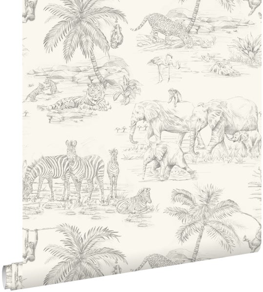 Vliestapete mit handgezeichneten Safarimotiven wie Elefanten, Zebras, Tigern und Palmen in Skizzenoptik.