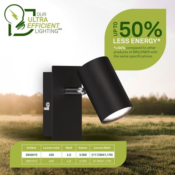 Schwarze Wandleuchte mit Produktdetails zu Lichtleistung und Energieeffizienz