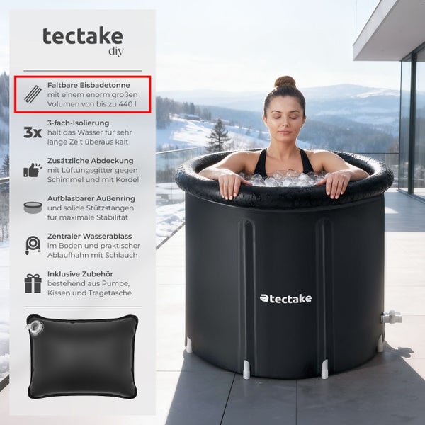 Frau entspannt in einer faltbaren Eisbadewanne von Tectake vor einer Winterlandschaft