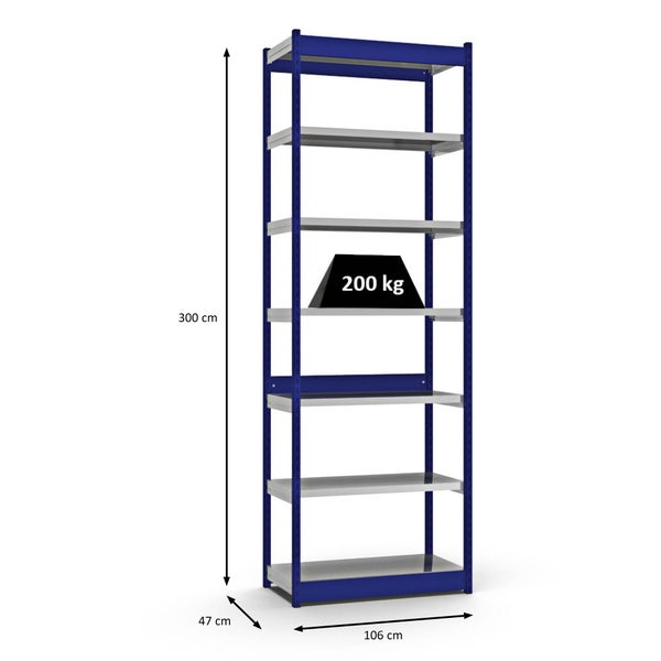 PROREGAL Fachbodenregal Stecksystem Vierkant-Profil Grundregal HxBxT 300 x 102,5 x 40 cm 7 Ebenen Einseitige Bauart Fachlast 200 kg Enzianblau