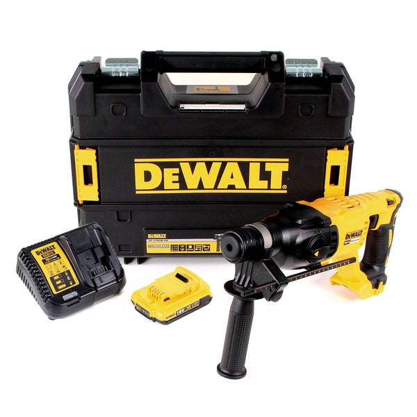 DeWalt Akku-Bohrhammer mit Akku, Ladegerät und Transportkoffer für kabelloses Bohren und Meißeln.