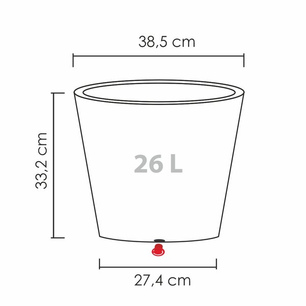 Maßzeichnung eines runden Blumentopfs mit 38,5 Zentimeter Durchmesser oben, 27,4 Zentimeter unten, 33,2 Zentimeter Höhe und 26 Liter Volumen.