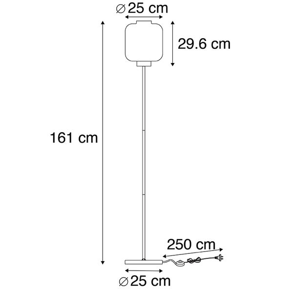 Abmessungen einer Stehlampe: 161 cm Höhe, Lampenschirmdurchmesser 25 cm, Lampenschirmhöhe 29,6 cm, Basisdurchmesser 25 cm, Kabellänge 250 cm.