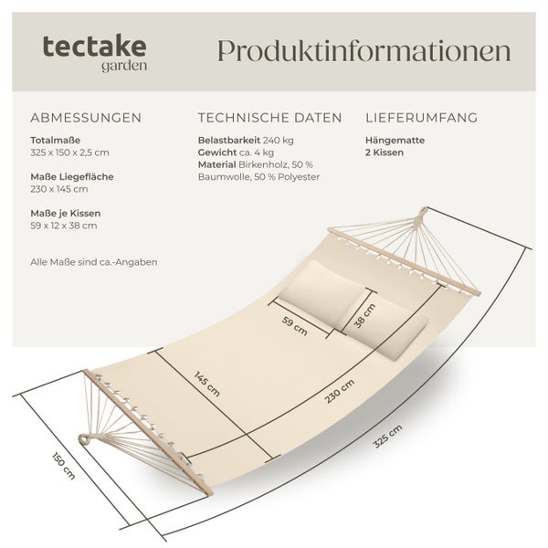 Hängematte tectake Eden 230 x 145 cm mit Spreitzstäben, für 2 Personen beige