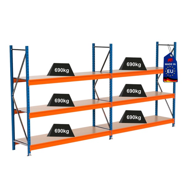 Lagerregal mit sechs Gewichten von 690 Kilogramm und dem Made in EU Siegel