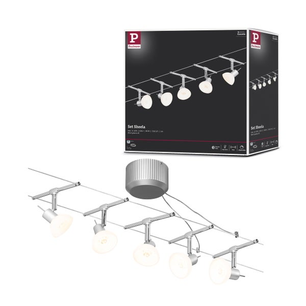 Seilsystem Sheela Basisset GU5,3 max. 5x10W dimmbar 230/12V Chrom matt, Opal