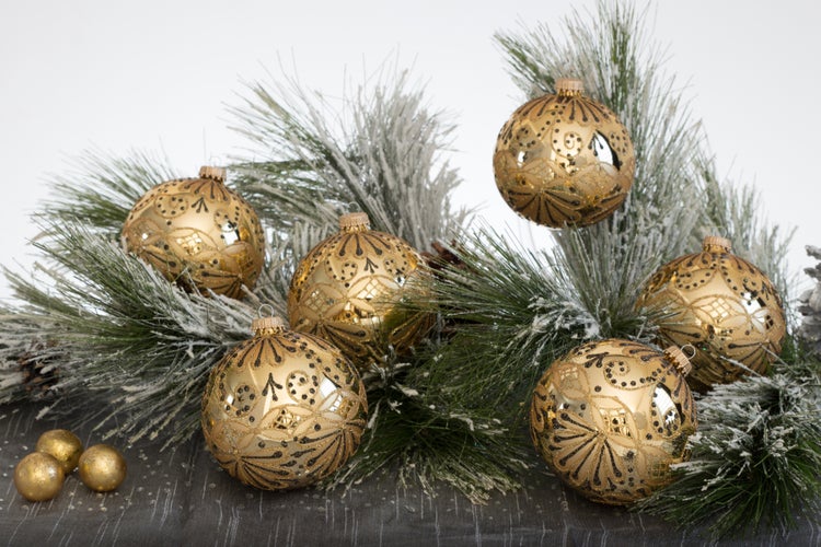 Gold matt 10cm Glaskugel mundgeblasen und handdekoriert, 4 Stck., Weihnachtsbaumkugeln, Christbaumschmuck, Weihnachtsbaumanhänger