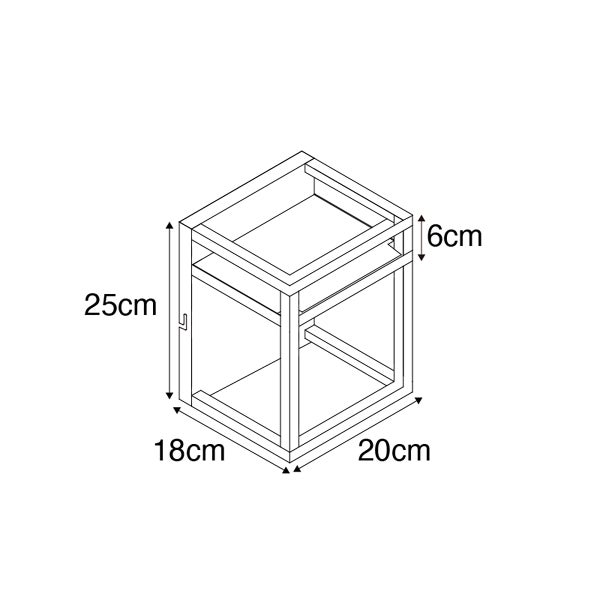 Technische Zeichnung eines Beistelltisches mit den Maßen 25 cm Höhe, 18 cm Breite und 20 cm Tiefe
