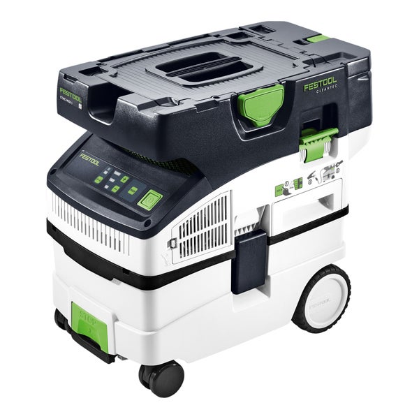 Festool Akku-Absaugmobil CTMC MIDI I mit Rädern, Tragegriff und Bedienfeld.