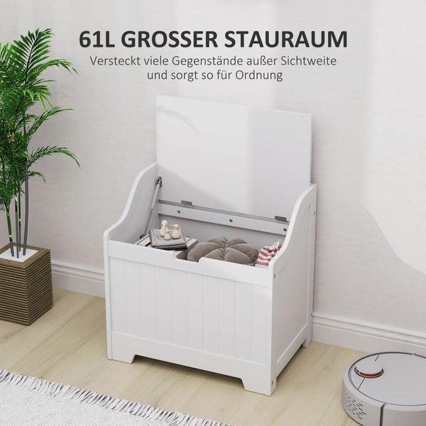 HOMCOM Truhe, Aufbewahrungsbox, Auflagenbox mit Sicherheitsscharnier, U-förmigem Ausschnitt, Gerätetruhe mit Deckel, für Wohnzimmer, Schlafzimmer, Weiß, 60 x 38 x 56 cm