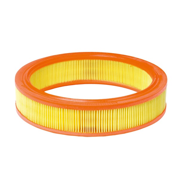 Runder Luftfilter für Motoren mit gelben Lamellen und orangefarbener Dichtung.