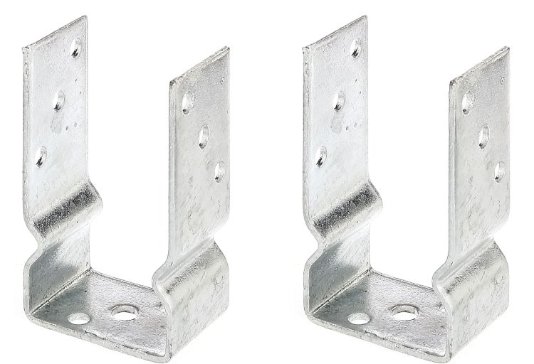Zwei verzinkte Pfostenträger in U-Form für die Holzkonstruktion