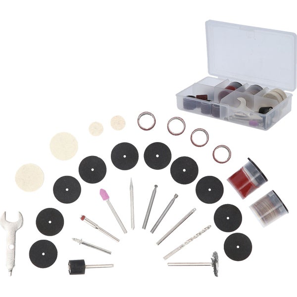 Zubehörsatz für Multifunktionswerkzeug in einer durchsichtigen Kunststoffbox