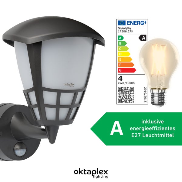 Bel Außenlampe mit Bewegungsmelder IP54 E27 2700K warmweiß 806lm Glühbirne anthrazit Außenleuchte 230V Bewegungsmelder