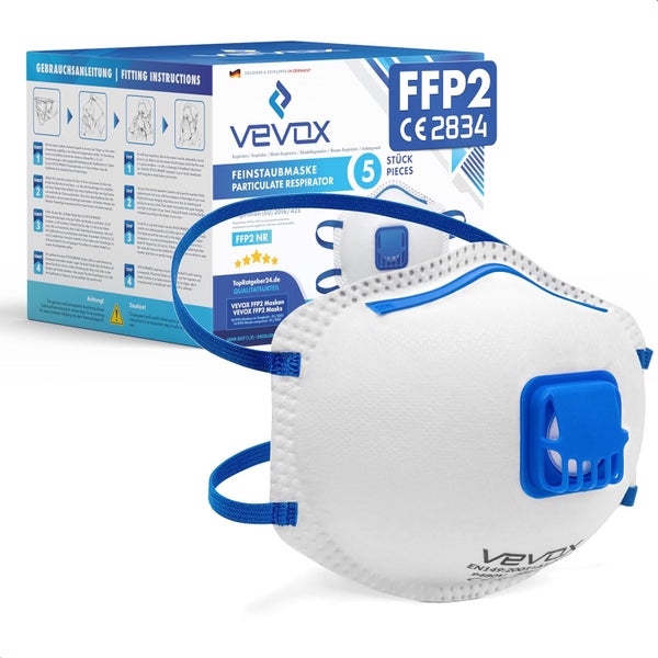 VEVOX® FFP2 Maske mit Ventil – im 5er Set – Staubmaske – Atemschutzmaske – Staubschutzmaske – Feinstaubmaske – Atemschutz z.B. gegen Feinstaub, Schleifstaub oder Baustaub