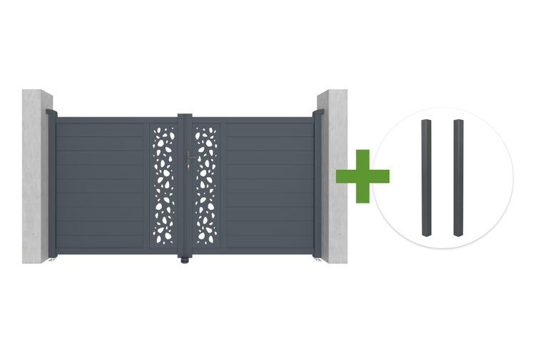 Zweiflügeliges Einfahrtstor aus Aluminium mit dekorativen Lochblech-Einsätzen inklusive zwei Pfosten.