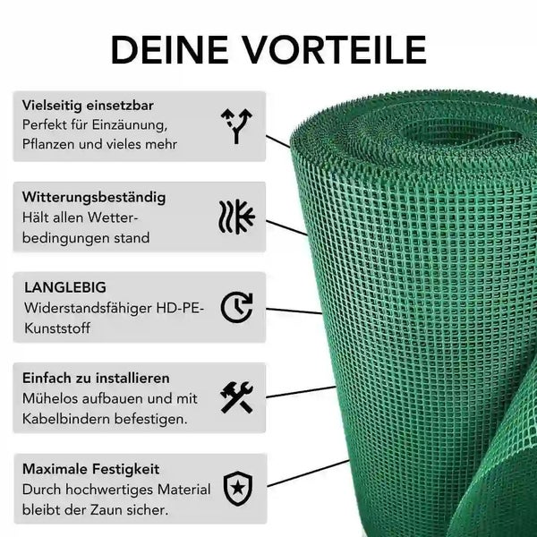 Infografik zeigt Vorteile von Kunststoffzaun: vielseitig, witterungsbeständig, langlebig aus HD PE, einfach zu installieren, hohe Festigkeit.
