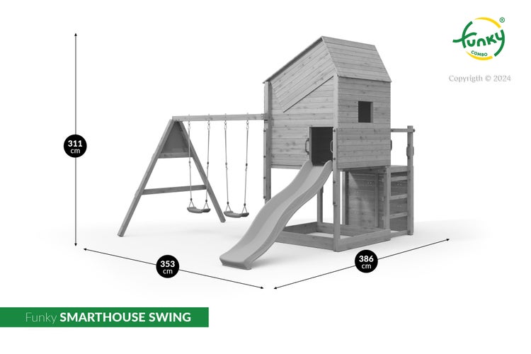 Funky Smarthouse Swing Spielturm aus Holz mit Rutsche, Schaukeln und Spielhaus. Maße 311 mal 353 mal 386 Zentimeter. Funky Combo Logo.
