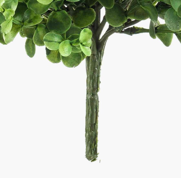 Künstlicher Zweig mit kleinen runden Blättern und strukturiertem Stiel.