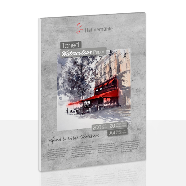 Hahnemühle getöntes Aquarellpapier im Format A4, 200 Gramm pro Quadratmeter, 20 Blatt, Block mit einer Urban Sketching Illustration eines Cafés.