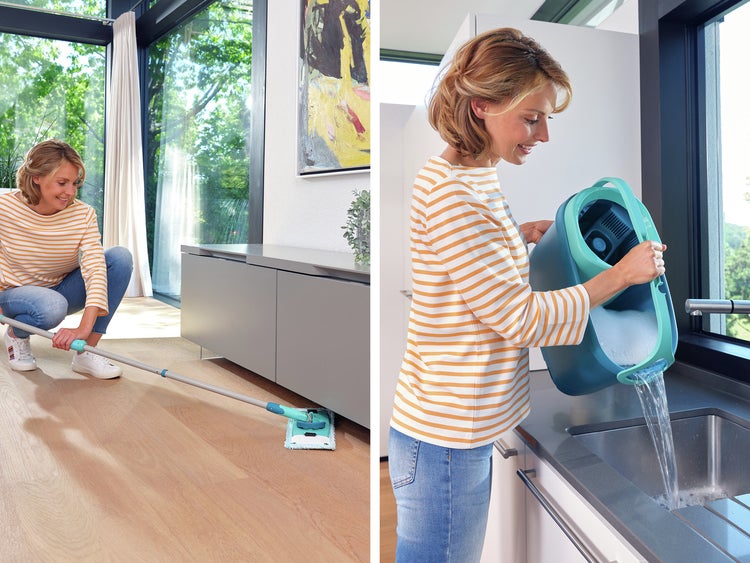 Leifheit Set CLEAN TWIST Flachwischer Ergo 2.0 mit Kraftreiniger, Bodenwischer mit Mikrofaser Bezug für nebelfeuchte Reinigung auf Laminat und Fliesen, Wischmopp mit Schleudertechnologie