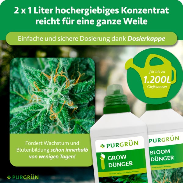 Set aus 2 x 1 Liter Purgrün Grow und Bloom Dünger Konzentrat zur Förderung von Pflanzenwachstum und Blütenbildung mit Dosierkappe.