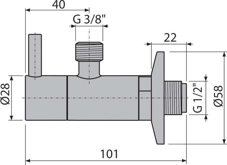 Maßzeichnung eines Eckventils mit Abmessungen in Millimeter und Gewindeangaben G 3/8 Zoll sowie G 1/2 Zoll.