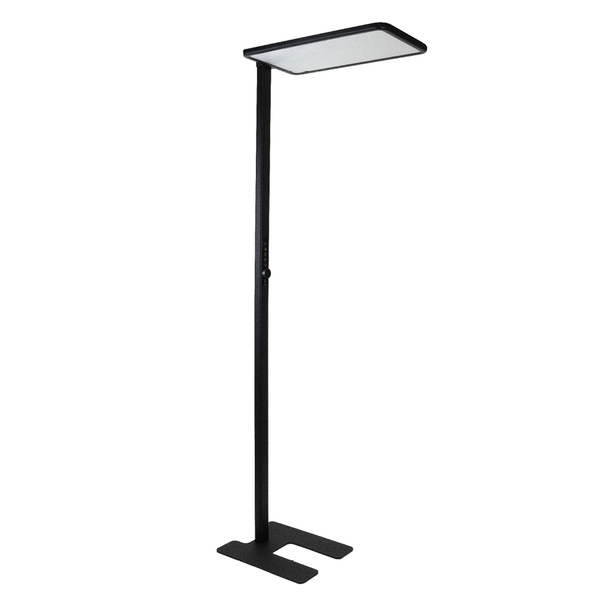 Moderne LED-Stehleuchte aus schwarzem Metall mit flachem, rechteckigem Leuchtenkopf und stabilem Standfuß.
