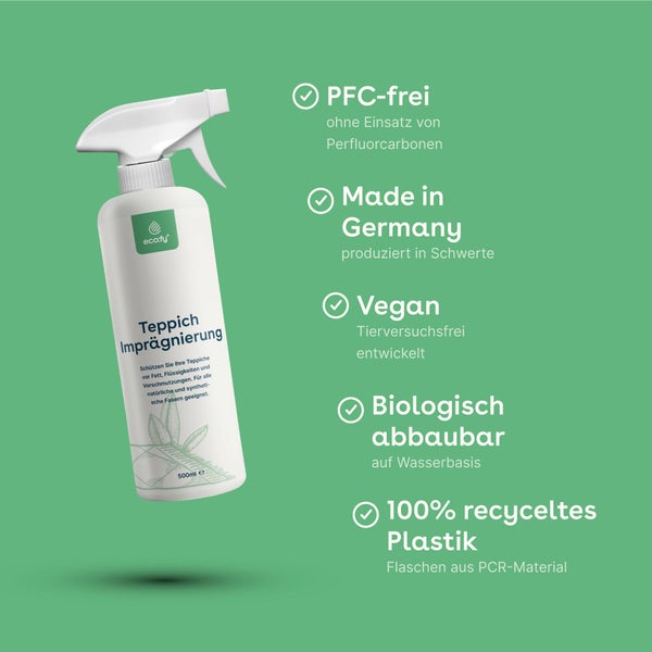 eco:fy Teppich Imprägnierung 500 Milliliter. Frei von Perfluorcarbonen, vegan, biologisch abbaubar, aus Deutschland, 100 Prozent Recyclingplastik.