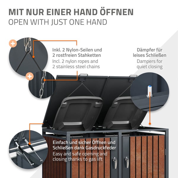 ML-Design Mülltonnenbox 2er 2 Tonnen 240L, 132x80x116,3 cm, Anthrazit-Rostoptik, Stahl/Cortenstahl, Abschließbare Mülltonnenverkleidung Klappdeckel/Tür, Müllbox Mülltonnecontainer Mülltonnenabdeckung