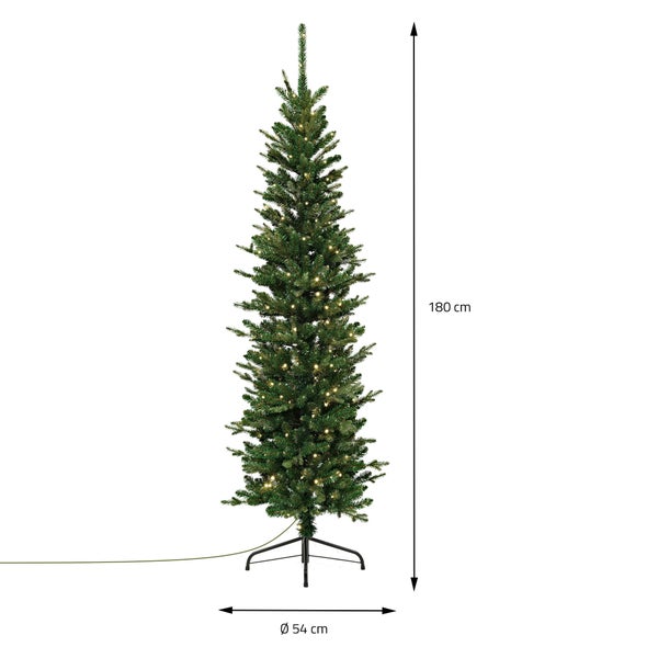 Schmaler künstlicher Weihnachtsbaum mit LED Beleuchtung, 180 Zentimeter Höhe und 54 Zentimeter Durchmesser mit Metallständer.