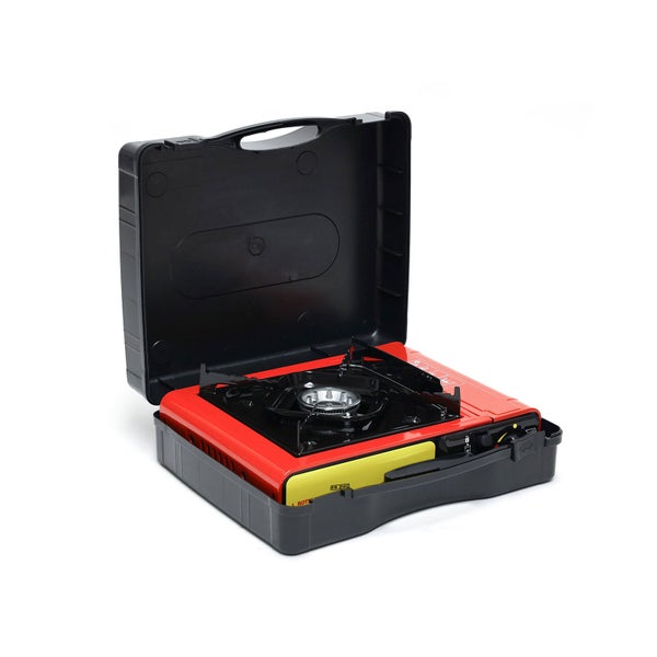 Tragbarer Gaskocher mit schwarzem Transportkoffer