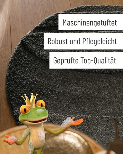 Maschinengetufteter Badezimmerteppich, robust und pflegeleicht in geprüfter Topqualität mit einer Froschfigur.