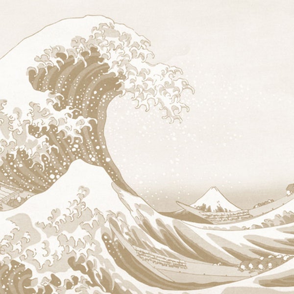 Gemälde einer großen Welle mit Berg im Hintergrund