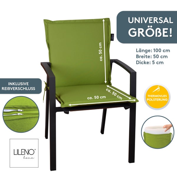 Lileno Home Hochlehner-Auflage für Gartenstühle mit Reißverschluss und herausnehmbarem Vlies. Maße: Länge 100 cm, Breite 50 cm, Dicke 5 cm.