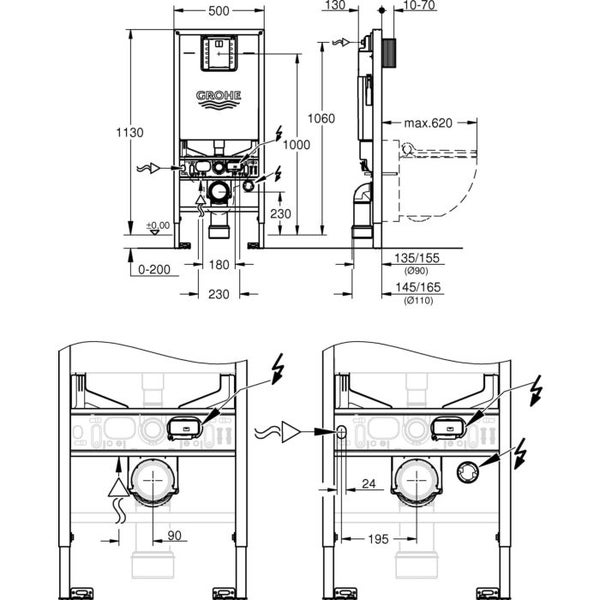 Grohe SLX+ Drückerplatte+ Befestigung + Kreabad Wand Wc Randlos 314 + Soft Close Sitz