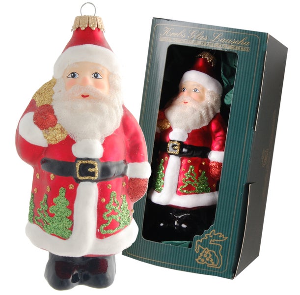 Rot/Weiß 14cm Santa mit Bäumen, Glasornament, mundgeblasen, handbemalt, 1 Stck., Weihnachtsbaumkugeln, Christbaumschmuck, Weihnachtsbaumanhänger