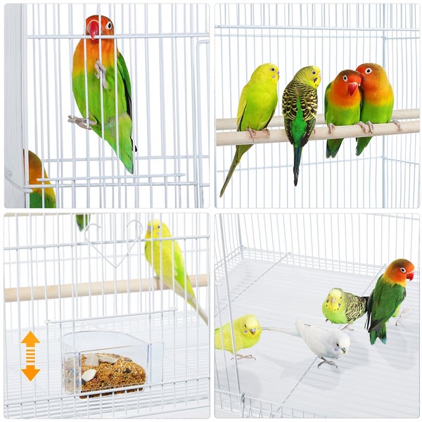 Collage einer Vogelvoliere mit verschiedenen Sittichen und Unzertrennlichen
