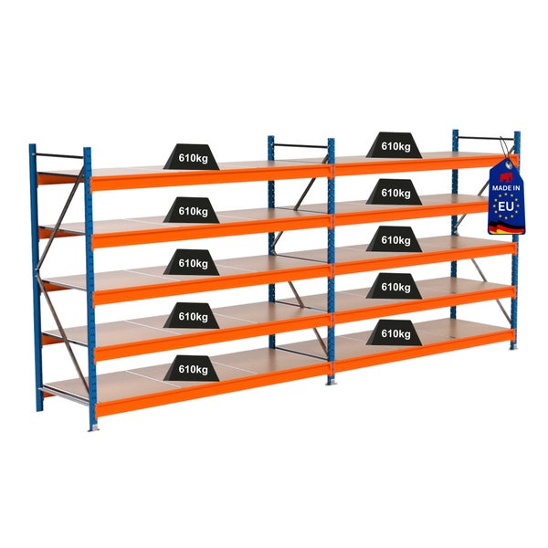Lagerregal mit zehn Gewichten von 610 Kilogramm und Made in EU Siegel
