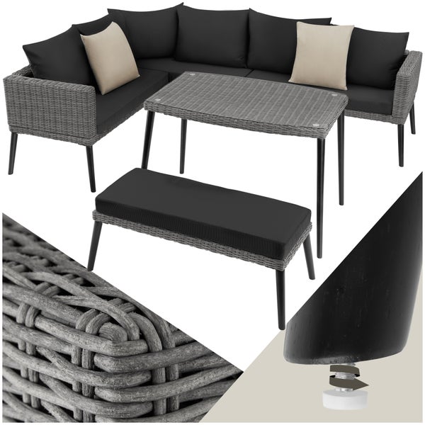Rattan Lounge tectake Pula mit Sicherheitsglasplatte mit Aluminiumgestell grau