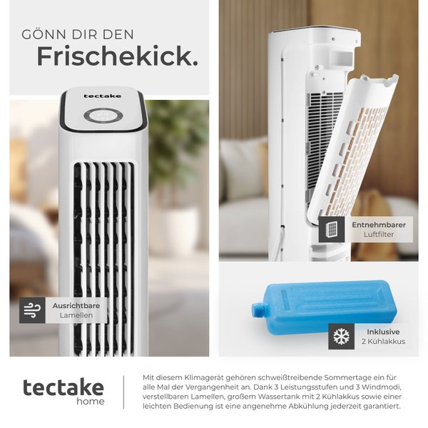 Tectake Luftkühler mit ausrichtbaren Lamellen, entnehmbarem Luftfilter und zwei Kühlakkus.