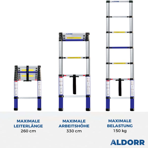 ALDORR Home - Teleskopleiter 2,60M - Mehrzweckleiter - Belastbarkeit bis zu 150kg - Soft-Close-System